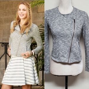 MATILDA Jane Afternoon Drive Heather Grey Knit Floral Trim Cropped Moto Jacket